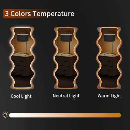 COOL2DAY 65" x 24" Led Wavy Full Length Mirror with Lights, Shatter-Proof Hanging/Leaning Irregular Wall Mirror, Wooden Led Floor Mirror for Dressing Bedroom Living Room