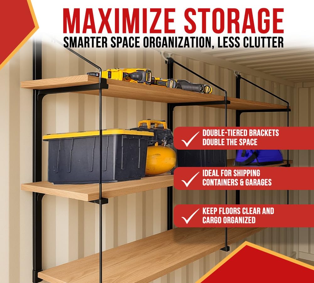 Mytee Products 4 Pack of 3 Tier Shipping Container Shelving Bracket with 18"(D) x 60"(H) - Black Powder Coated Steel Shelf Brackets for Heavy Duty Trailer Containers - Easy to Assemble & Remove