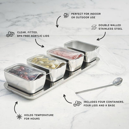 Frontgate Super Chill Insulated Stainless Steel Condiment Server, 4-Section Cold Food Serving Tray with Lids, Double-Wall, Ice-Free Gel Cooling