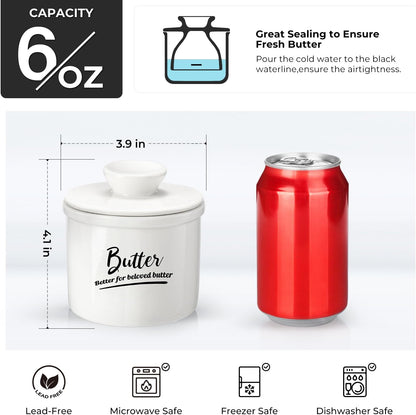 Butter Crock French Butter Dish with Lid and Knife for Countertop - Keeps Butter Soft and Fresh for 2-5 Weeks, White