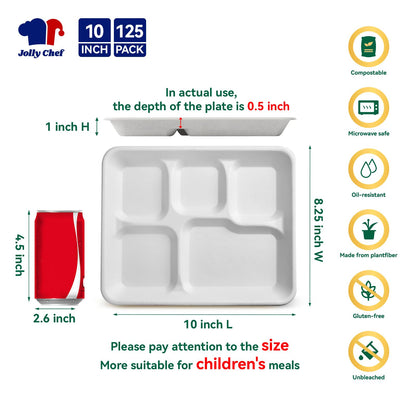 JOLLY CHEF Compostable 𝟱 Compartment Paper Plates 10*8.25*1 𝗶𝗻𝗰𝗵 [𝟭𝟮𝟱 𝗣𝗮𝗰𝗸] Small Heavy Duty Divided Disposable White Eco-Friendly Biodegradable Food Tray for School Lunch Dinner Christmas