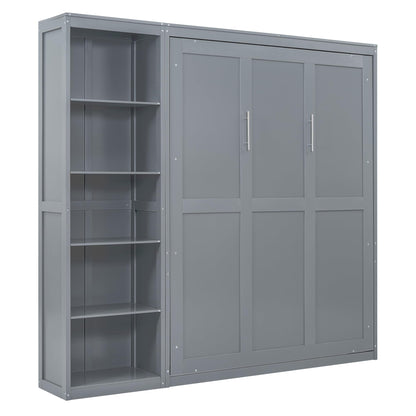 PacknWood Acosure Queen Size Murphy Five-Layer Cabinet,Bedroom Solid Wood Storage Hidden Wall Beds Frame W/Dual Piston Metal Folding Mechanism Designed,for Home Office,Study,Guest Room,Gray