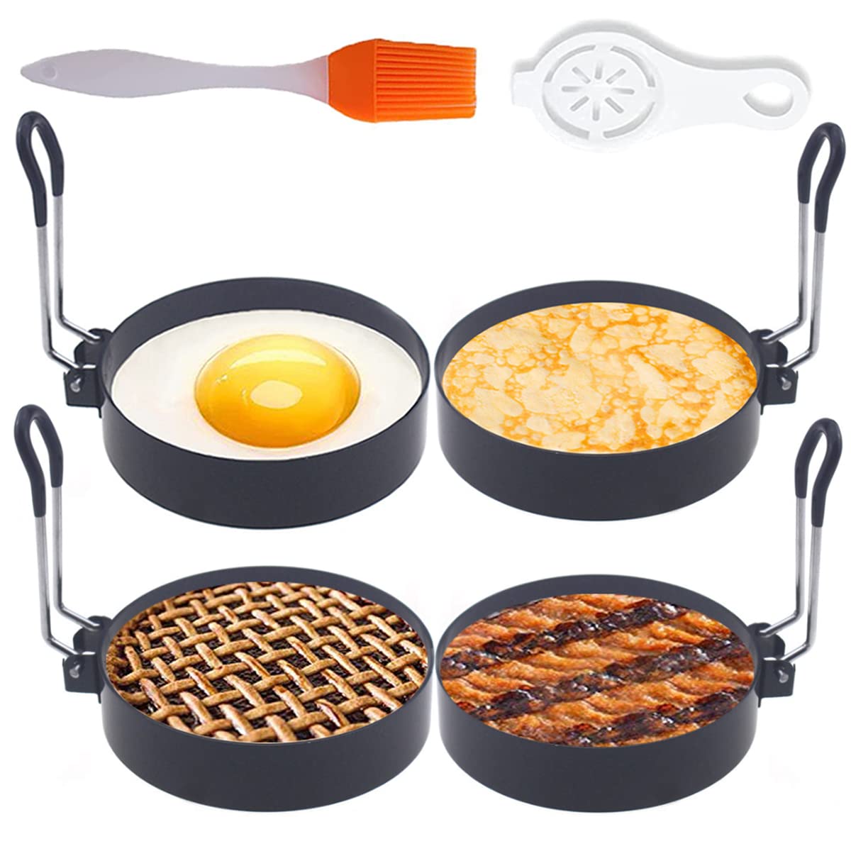 WOWITIS Upgrade 4'' Large Egg Rings Set, 4 Packs Stainless Steel Round Egg Maker Mold, Anti-scalding Grill, 1X Oil Brush & 1X Egg Separator White