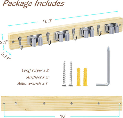 OUTNILI Mop and Broom Holder Wall Mount - Light Wood Organizer with 4 Slots & Hooks for Garage, Closet, Kitchen