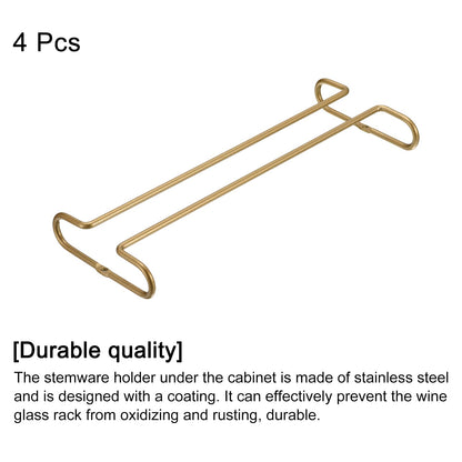 uxcell Wine Glass Rack Under Cabinet, 4Pcs 10-Inch Stemware Wine Glass Hanging Rack Stainless Steel Wine Glass Organizer Storage Hanger for 5mm Stemware Column, Gold