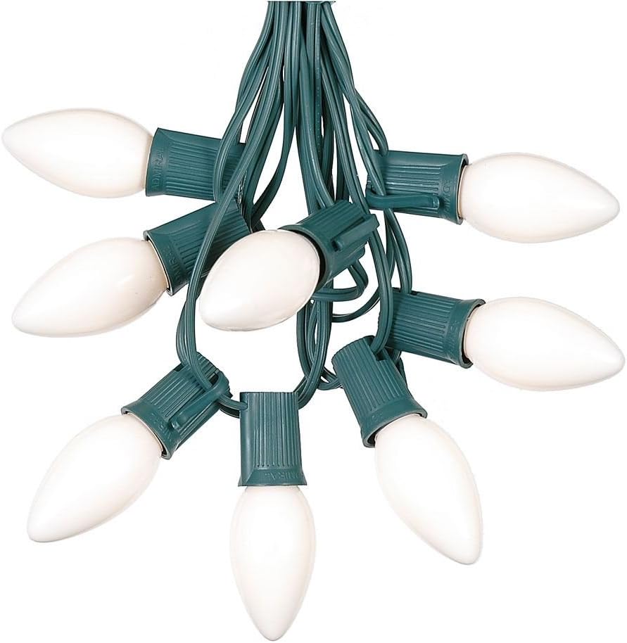 25 C9 Set Bulbs Foot White Ceramic Christmas String Light - Outdoor Roofline Light String - Opaque - Green Wire