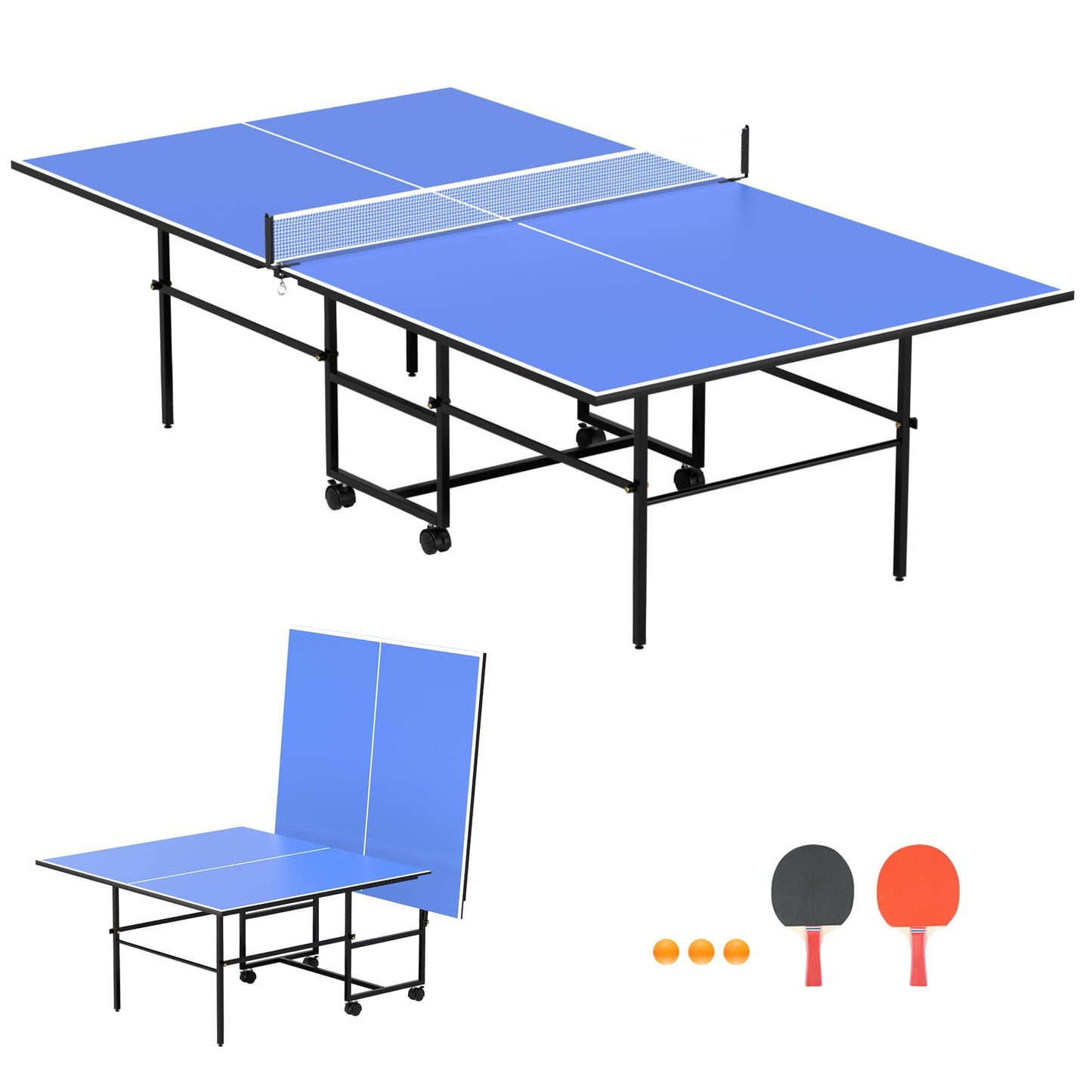 Ping Pong Table for Indoor/Outdoor, 9X5FT Foldable Table Tennis Table with Net, 2 Table Tennis Paddles and 3 Balls - Easy Assembly - Tournament Quality - Perfect for Family Game Rooms