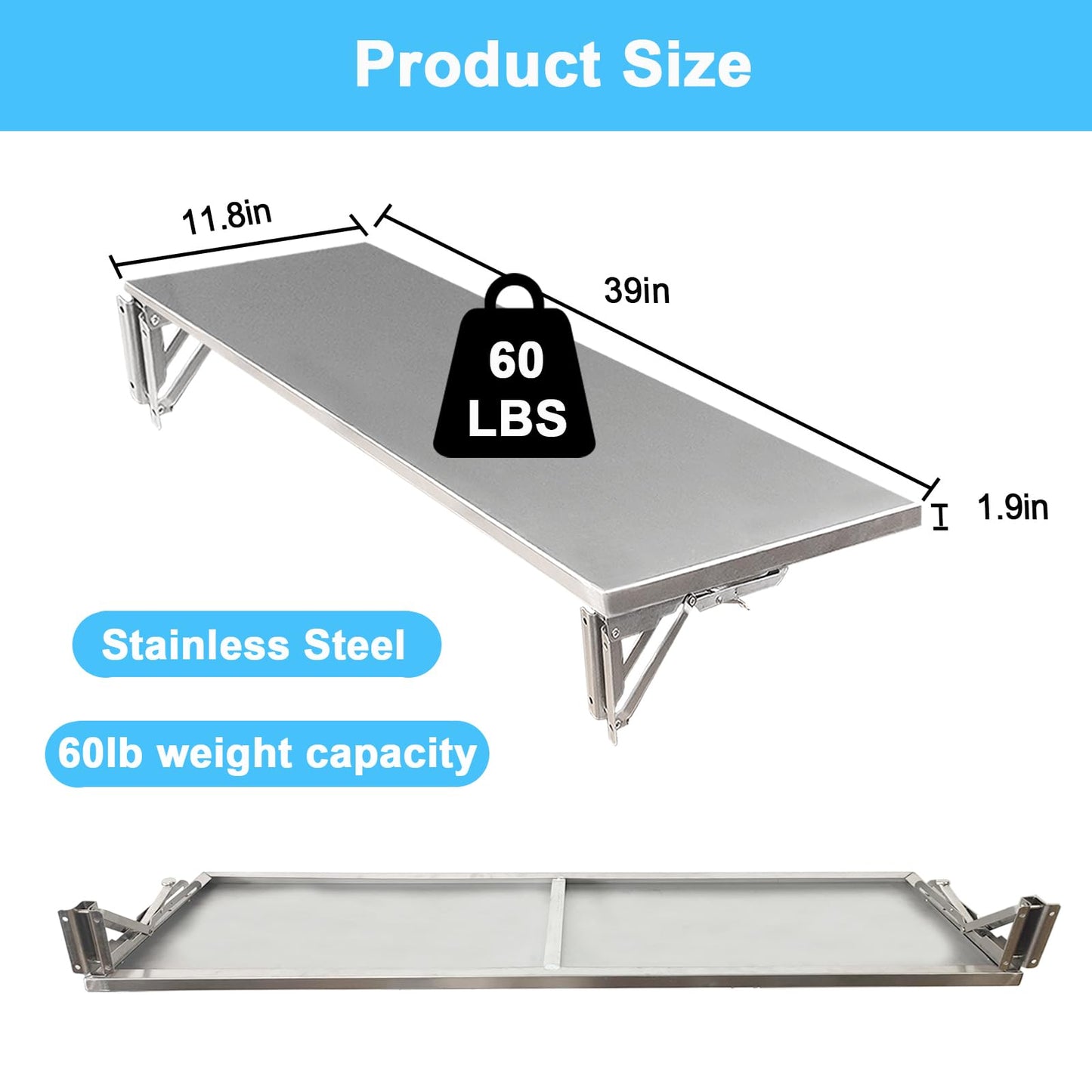 timiland Folding Concession Shelf 39x12 Inch, Stainless Steel Drop Down Serving Shelf, Wall Mounted Folding Shelf for Food Truck Window & Concession Stand(Drill Installation Required)