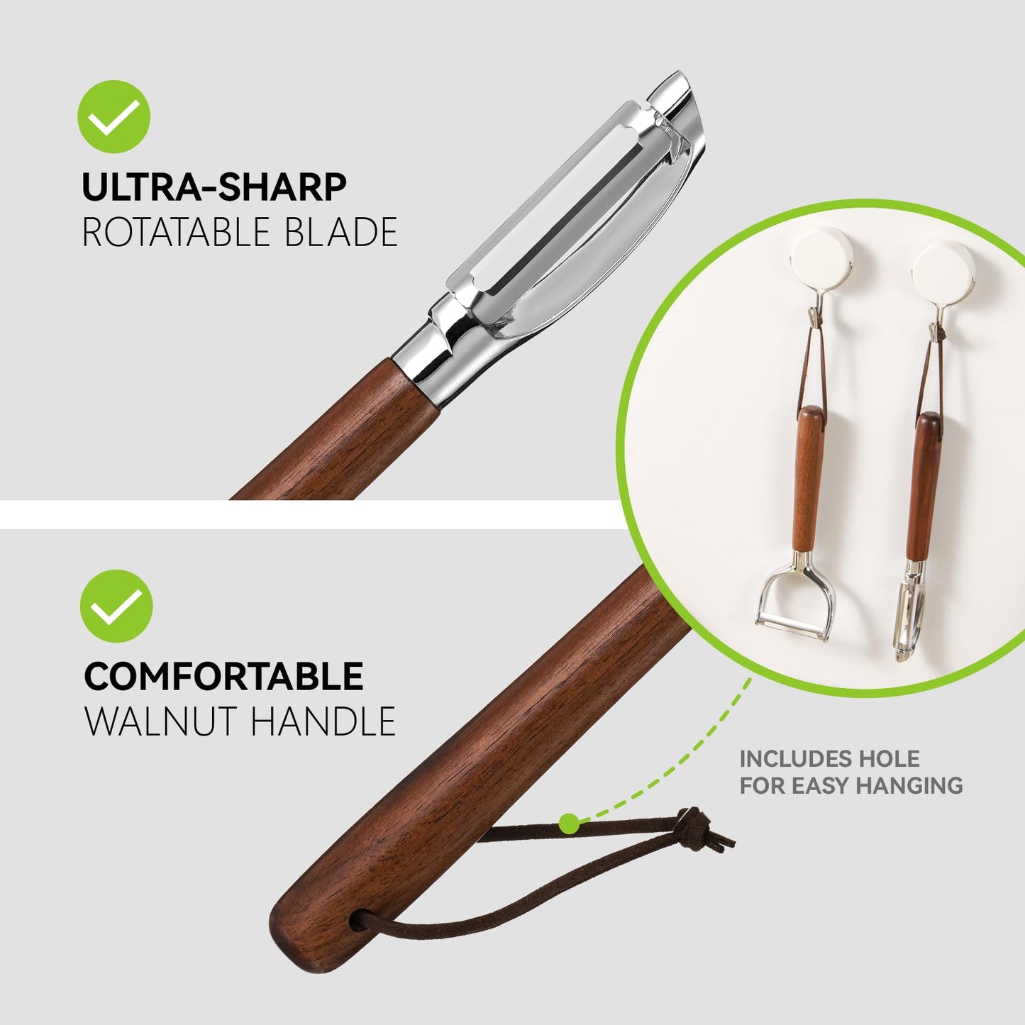 Vegetable Peeler Set, 2-Pack Potato Peelers (Straight + Y Peeler), Swivel Blades, Sharp Stainless Steel, Walnut Wood Handle, Fruit & Veggie Peeler for Kitchen
