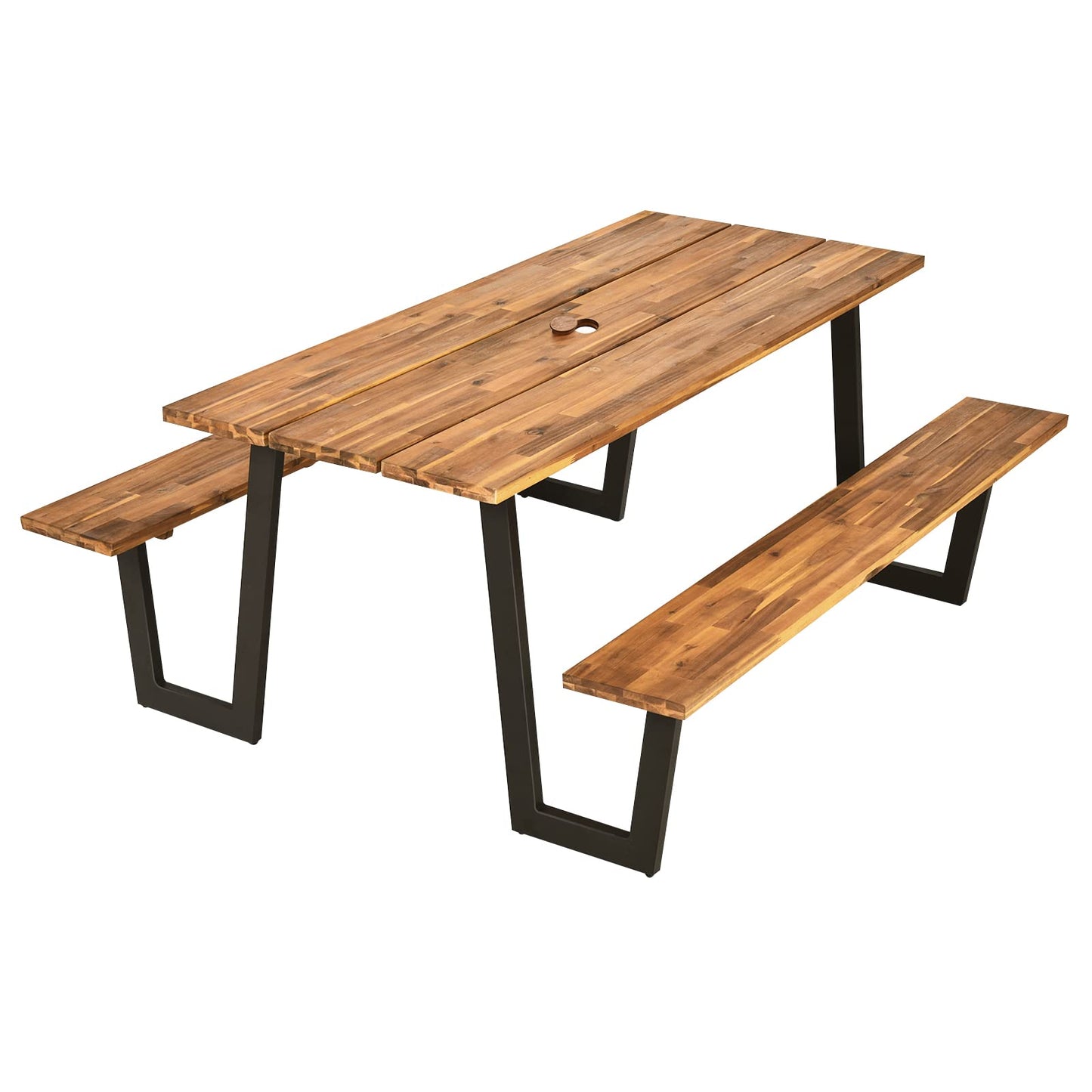 Tangkula Patented Wooden Picnic Table, Outdoor Acacia Wood Picnic Table with 2 Built-in Benches, Umbrella Hole, Steel Frame, Outside Table and Bench Set for Garden, Backyard, Porch, Patio