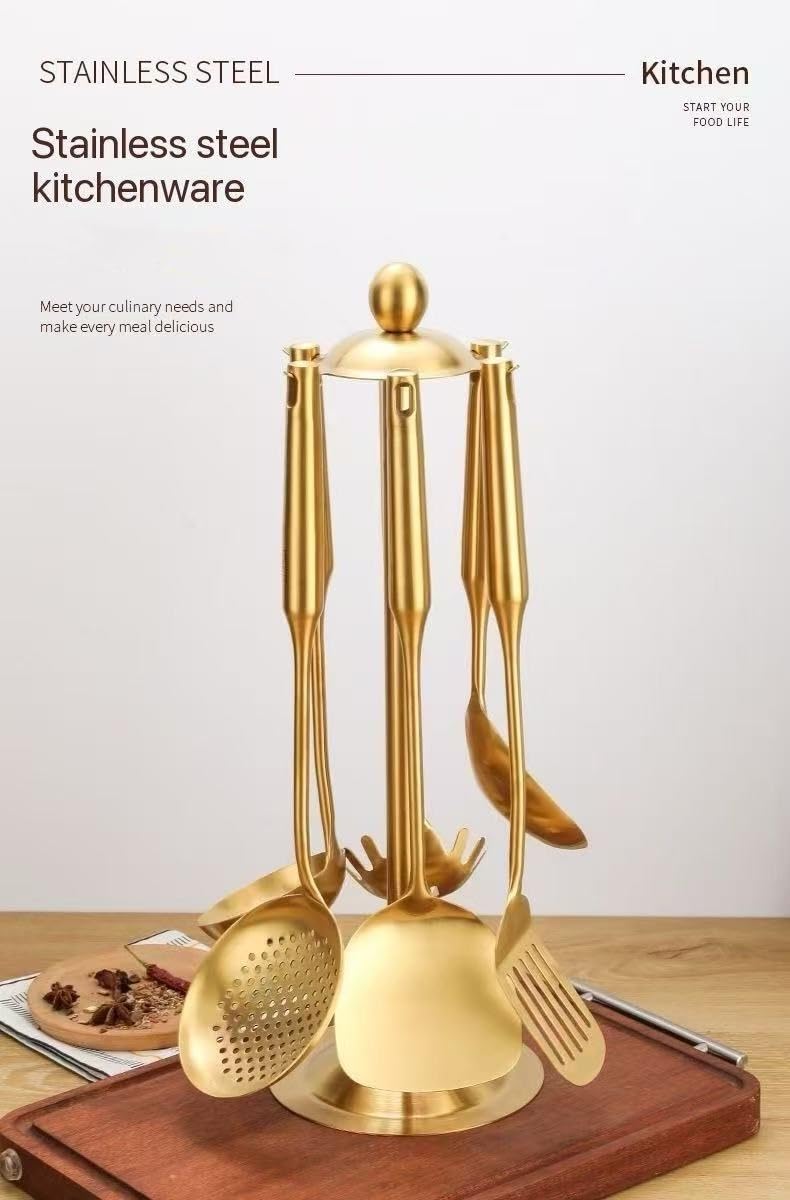 Premium 7-Piece Gold Kitchen Utensil Set with Stand, Stainless Steel Cooking Tools- Dishwasher Safe Ladle, Spoon, Spatula, Pasta Fork, Luxury Brass Kitchen Accessories for Home Chefs (Gold)