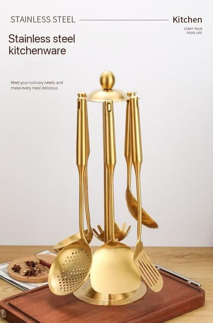 Premium 7-Piece Gold Kitchen Utensil Set with Stand, Stainless Steel Cooking Tools- Dishwasher Safe Ladle, Spoon, Spatula, Pasta Fork, Luxury Brass Kitchen Accessories for Home Chefs (Gold)