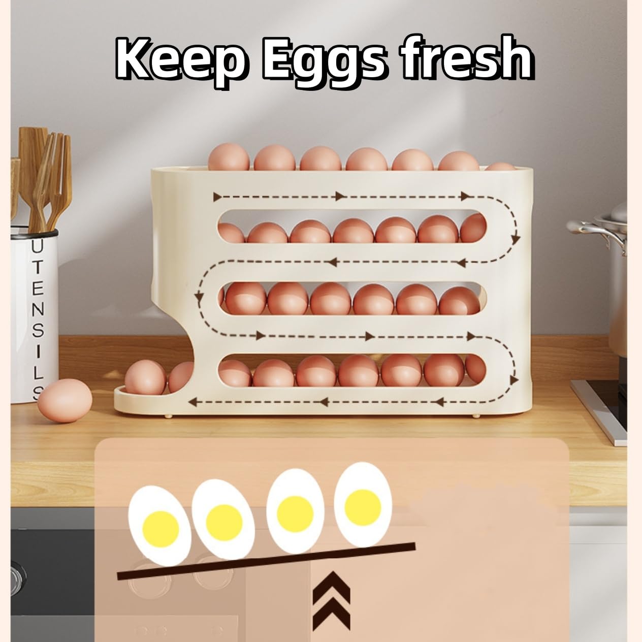 Egg Holder for Fridge, Egg container for refrigerator, Space-Saving Automatic Rolling Eggs Dispenser, 4 Tiers Fridge Egg Rack for Refrigerator Holds up to 30 pcs