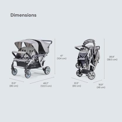 Familidoo H4E Quad Stroller Wagon for Kids, 4-Seater Daycare Baby Stroller with 5-Point Safety Harness, Lightweight & Foldable with All Reclining Seats, Double Canopy & Rain Cover (Gray)