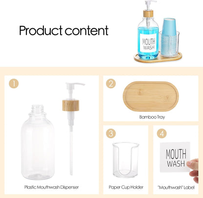 17oz Mouthwash Dispenser with Cup Holder, Plastic Mouth Wash Pump Bottle with Tray for Bathroom Organizers, Refillable