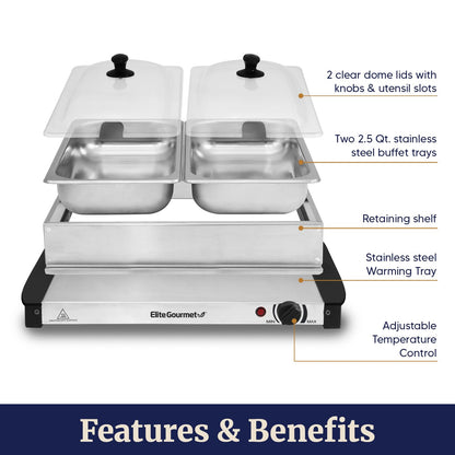 Elite Gourmet EWM-6122 Dual 2 x 2.5 Qt. Trays, Buffet Server, Food Warmer Temperature Control, Clear Slotted Lids, Perfect for Parties, Entertaining & Holidays, 5 Qt Total, Stainless Steel