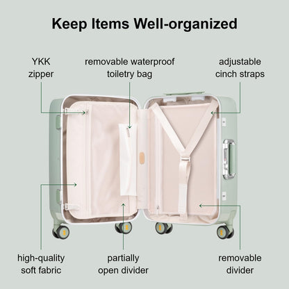 LEVEL8 Zipperless Carry On Luggage Airline Approved with Aluminum Frame, Cute Hardside Suitcase with Spinner Wheels, Metal Rolling Travel Case with Tsa Locks, 20 Inch, Light Green