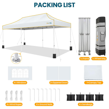 Hoteel 10x20 Pop Up Canopy Tent Heavy Duty with 6 Sidewalls, Waterproof Party Tent, Easy Set-up Commercial Instant Tents with Roller Bag & Sandbags, Hexagonal Leg (1-Year Warranty)