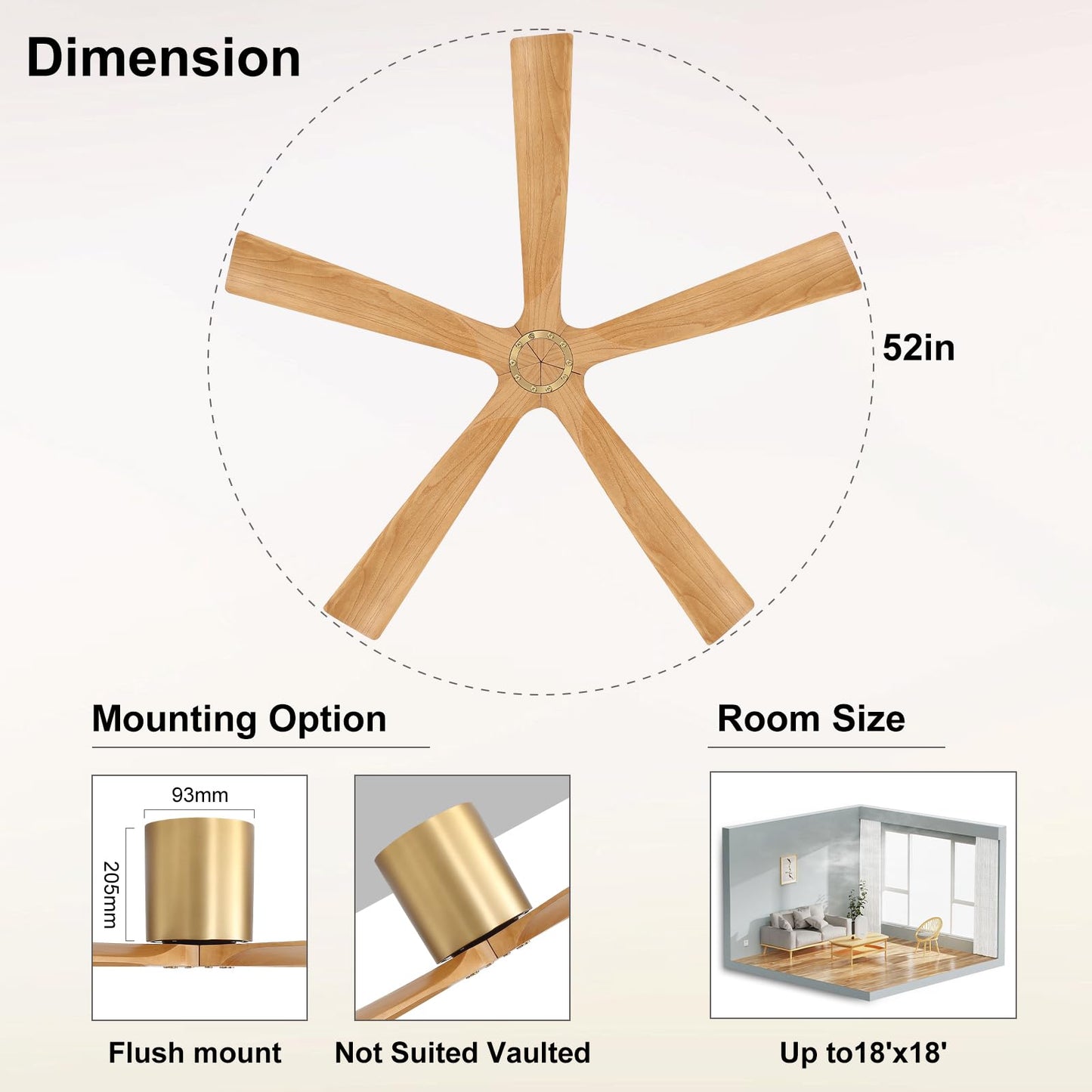 ELEHINSER 52 inch Low Profile Ceiling Fan without Light, 5 Solid Wood Blades, 6-Speeds, Quiet DC Motor, Timer, Flush Mount Modern Ceiling Fan with Remote for Living Room Bedroom, Gold + Beechwood