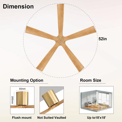 ELEHINSER 52 inch Low Profile Ceiling Fan without Light, 5 Solid Wood Blades, 6-Speeds, Quiet DC Motor, Timer, Flush Mount Modern Ceiling Fan with Remote for Living Room Bedroom, Gold + Beechwood