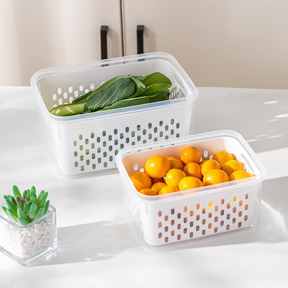 Trasylph 2 Pack Fruit Storage Containers for Fridge with Removable Colanders, Dishwasher & Microwave safe Produce Storage Containers with Lids Keep Fruits, Vegetables, Berry, Meat Fresh longer