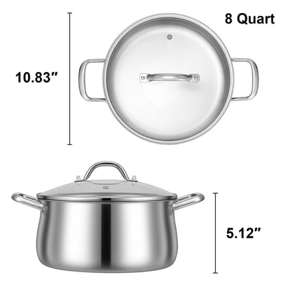 Tifanso Stainless Steel Stock Pot - 8 Quart 3Ply Heavy Duty Large Induction Cooking Pot with Lid for Pasta, Soup, Spaghetti, Nonstick Deep Stockpot, Kitchen Cookware for Stew, Simmer, Canning, Boiling