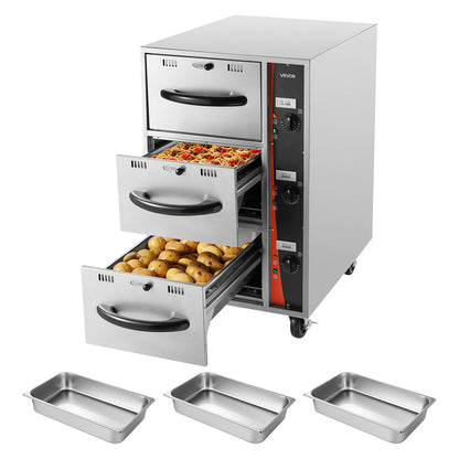 VEVOR Commercial Electric Drawer Warmer, Three-Drawer Stainless Steel Food Warmer, Freestanding Compact Warming Drawer Cabinet, 85°F–185°F Wide Temperature Range, for Restaurant, Hotel Buffet & Bakery