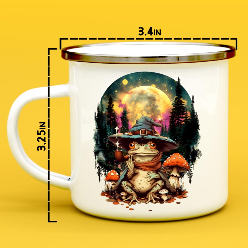 Wizard Frog Enamel Camp Mug, Celestial Nature Outdoor Camping Coffee Cup, Mystical Moon Stars, 12oz Goblinecore Gifts