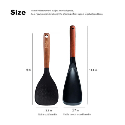 SoKalChw Spatula Spoon and Rice Spoons with Wooden Handle, Food Grade Silicone Great for Cooking, Mixing, Scooper, Scrape, Non stick Heat Resistant (black, Rice set 2 pcs)