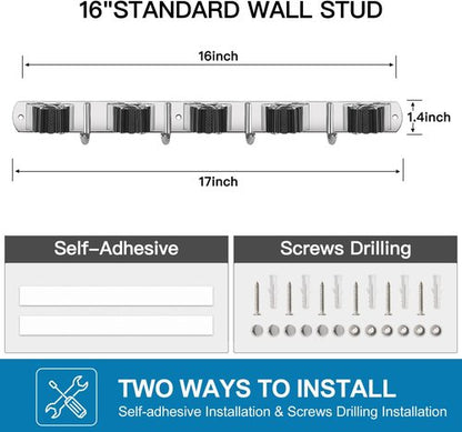 IMILLET Wall Mount Broom Holder - Stainless Steel Organizer with 5 Racks & 4 Hooks | Heavy Duty Storage Solution for Laundry Room & Garage