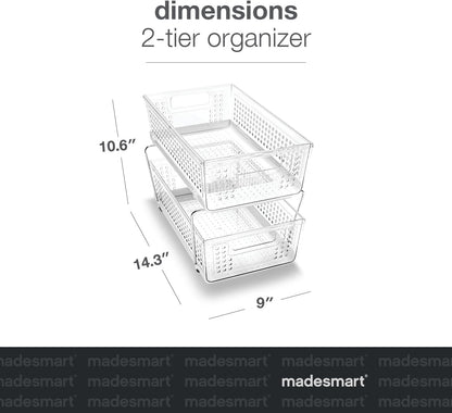madesmart 2-Tier Multi-Purpose Slide-Out Storage Organizer with Handles and Dividers, BPA Free, Clear, Pack of 1