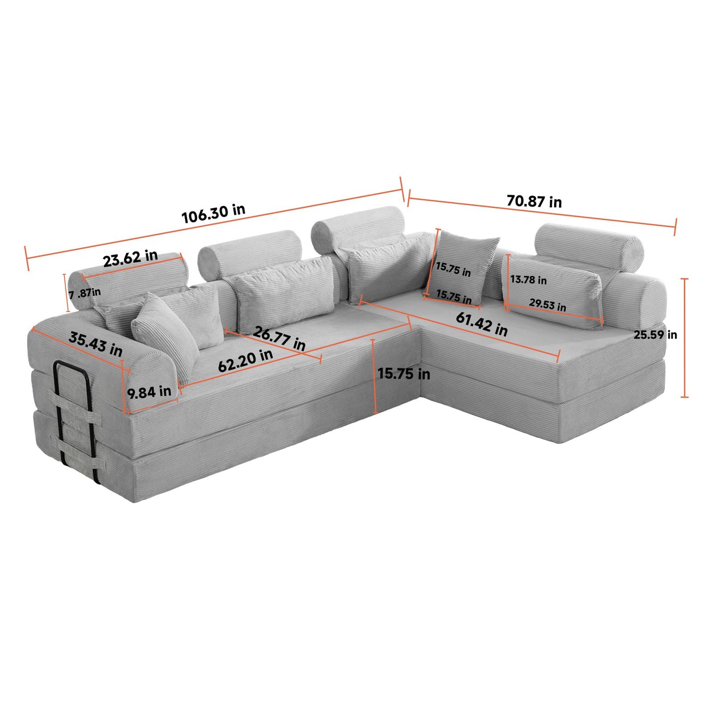 KEIKI 6-in-1 Folding Convertible High Back Sofa Sleeper, 106" Oversized Modular Sectional Corduroy UpholsteredL Shape Couches for Living Room, High-Density Foam Chaise Lounge Indoor, Light Gray