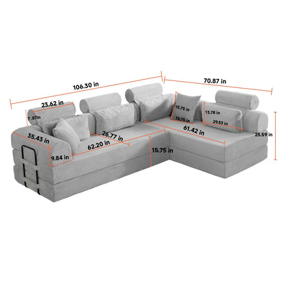 KEIKI 6-in-1 Folding Convertible High Back Sofa Sleeper, 106" Oversized Modular Sectional Corduroy UpholsteredL Shape Couches for Living Room, High-Density Foam Chaise Lounge Indoor, Light Gray