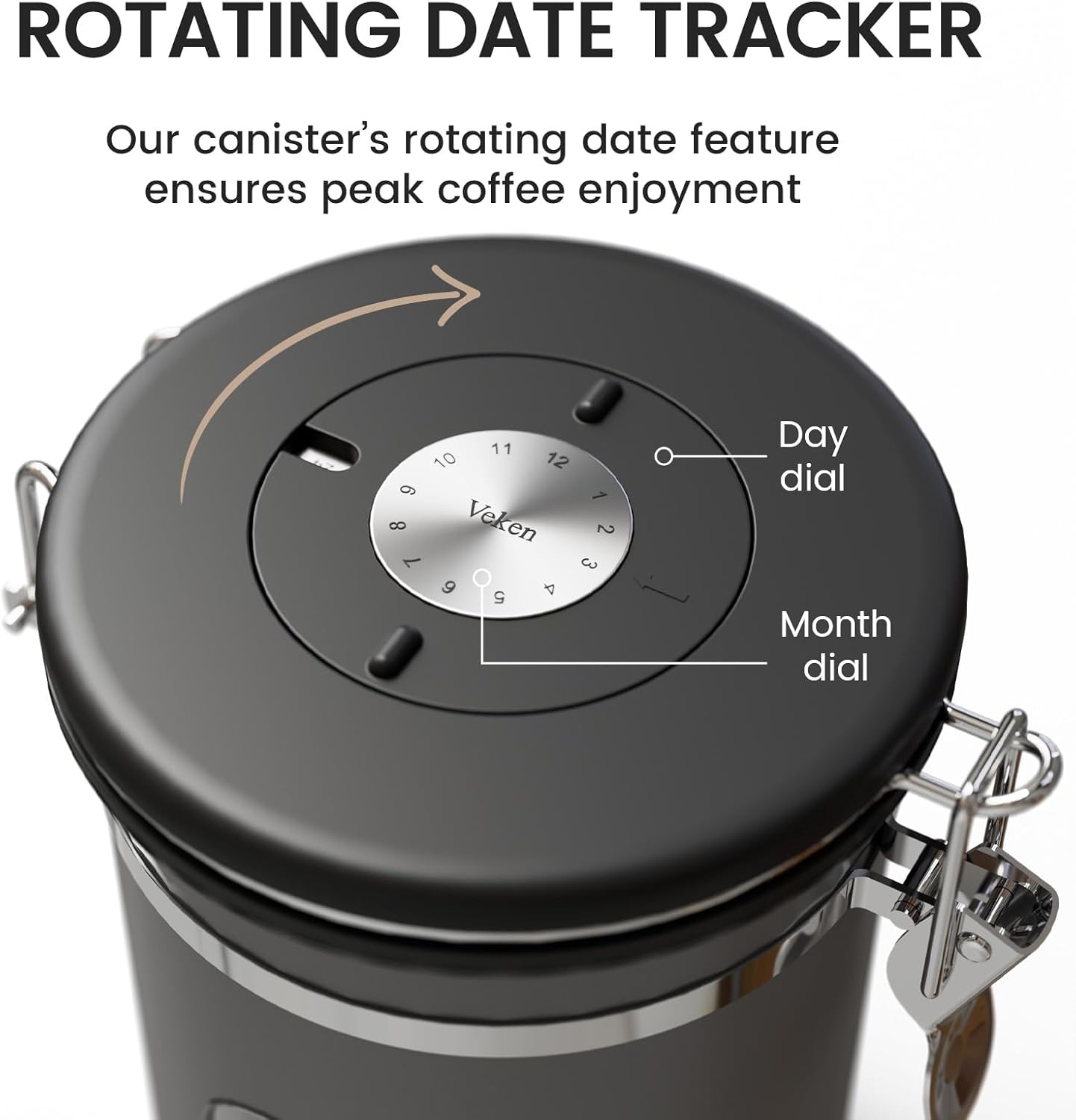 2.2lbs 39oz,Black Veken Large Coffee Canister with Window, Kitchen Food Storage Airtight Stainless Steel Container