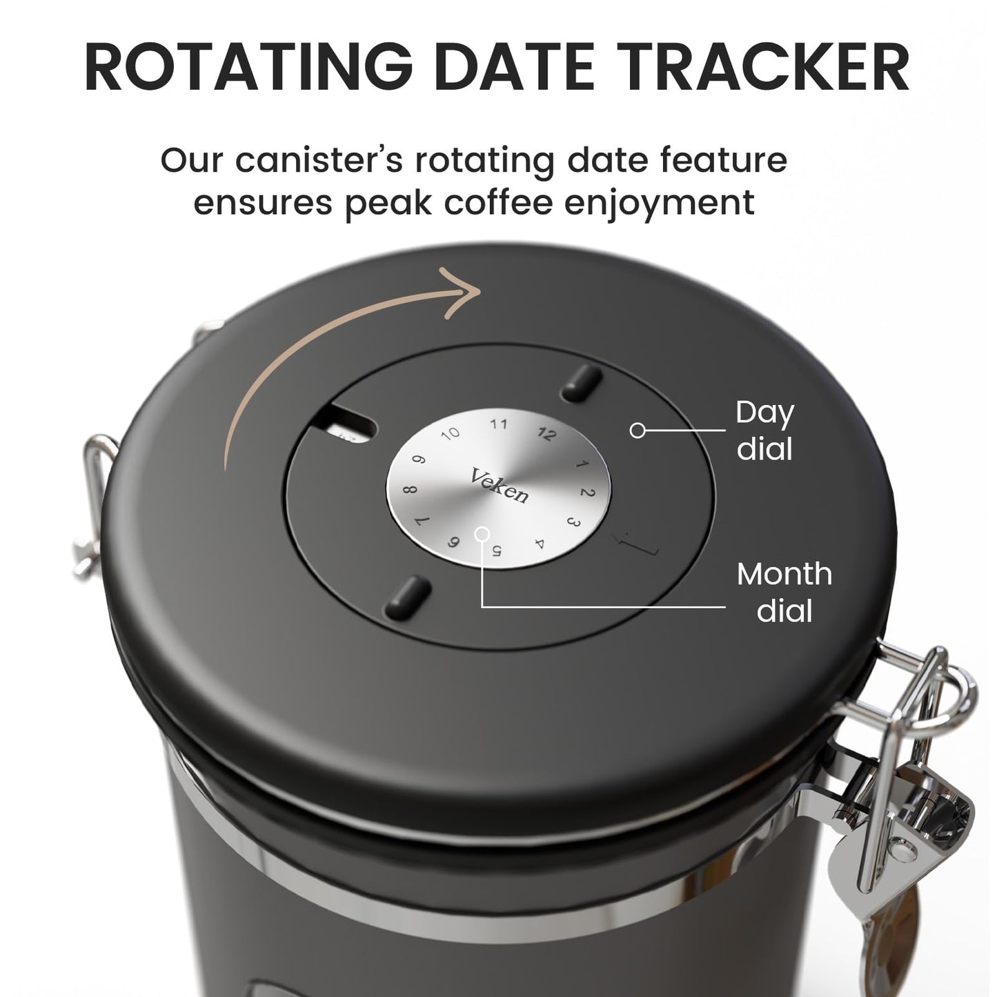 Veken Large Coffee Canister with Window, Kitchen Food Storage Airtight Stainless Steel Container for 2.2lbs Coffee Beans, Grounds, Rice,Tea, Flour, Cereal, Sugar Jars,Date Tracker and Scoop 39oz,Black