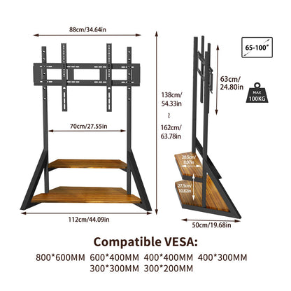 Vanconwey Mobile TV Stand for 65-100 Inch TVs,Adjustable Heights TV Mount Stands with Large Wood Shelf and Wheels,Modern Living Room Rolling TV Stand, Up to 220 lbs,VESA 800x600mm,Walnut(VC-Z1188)