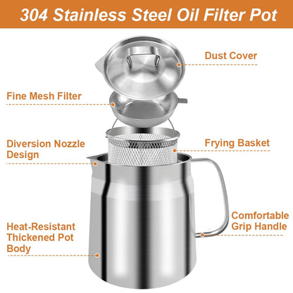 68oz Deep Fryer Pot with Basket and Oil Strainer, Abnaok 304 Stainless Steel Deep Frying Pot for French Fries, Chicken, or Japanese Tempura, Heavy Duty Bacon Grease Strainer