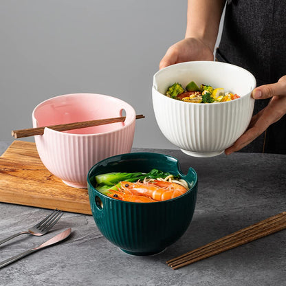 KAMAIDI Ceramic Ramen Noodle Bowl with Matching Chopsticks, Soup Bowls for Udon Soba Pho Asian Noodles, Dishwasher and Microwave Safe, 28 oz (1-Bowl-Green)