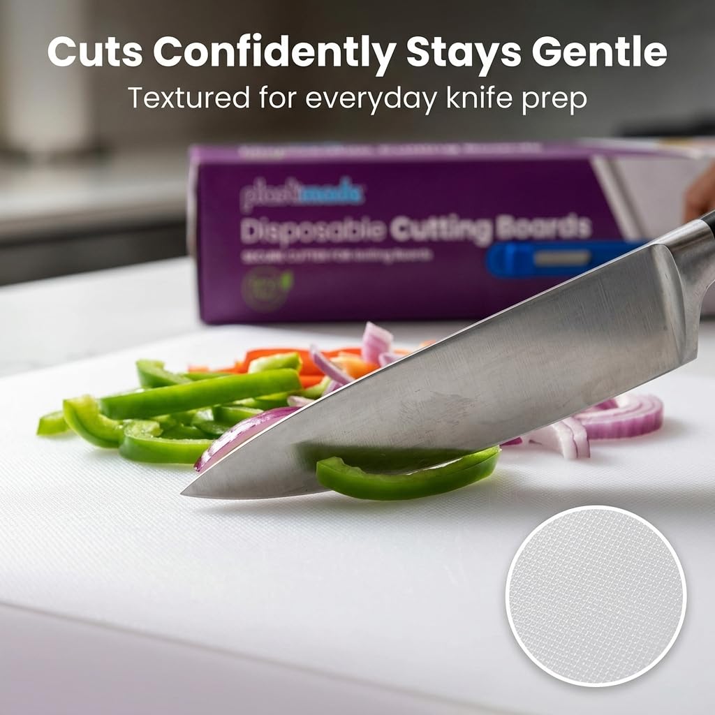 Plastimade Disposable Plastic Cutting Board | Easy To Use Flexible Cutting Board Sheets With Built In Sliding Cutter | For Thanksgiving Cooking Prep, Commercial, Traveling, Tailgating, Camping,