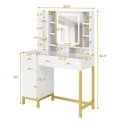 GAOMON 43.7'' White Vanity Desk Table with Lighted Mirror & Power Outlet, 3 Lighting Modes, Brightness Adjustable Vanity Table Makeup Vanity for Bedroom Dressing Room