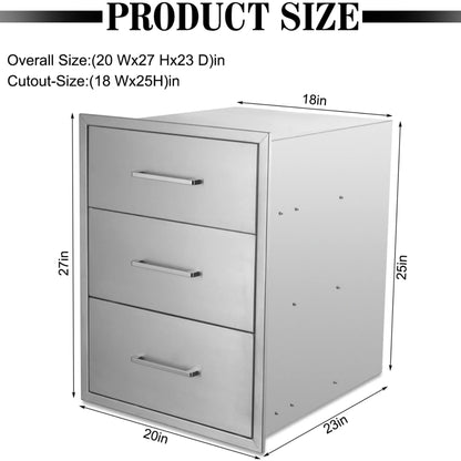 ZHAIUPON Outdoor Kitchen Drawers, 20" W27"H23"D Stainless Steel Triple BBQ Drawers, Grilling Access Drawer with Chrome Handle Enclosed Built-in Flush Mount for Outdoor Kitchen,BBQ Island