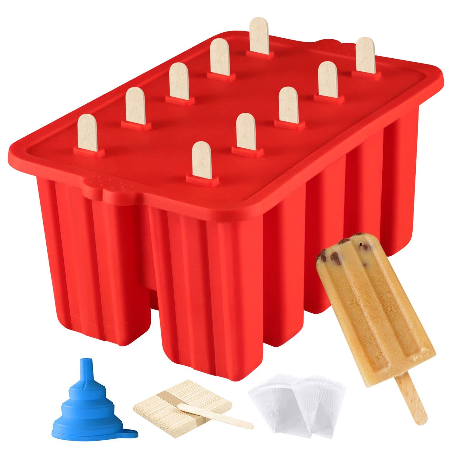 Silicone Popsicle Molds,10 Cavity Homemade ICE Popsicle Molds Food Grade BPA-Free with Popsicle Maker Sticks Popsicles Bags A Funnel,Popsicle Maker Popcycle Mold (Red-10 Cavity)