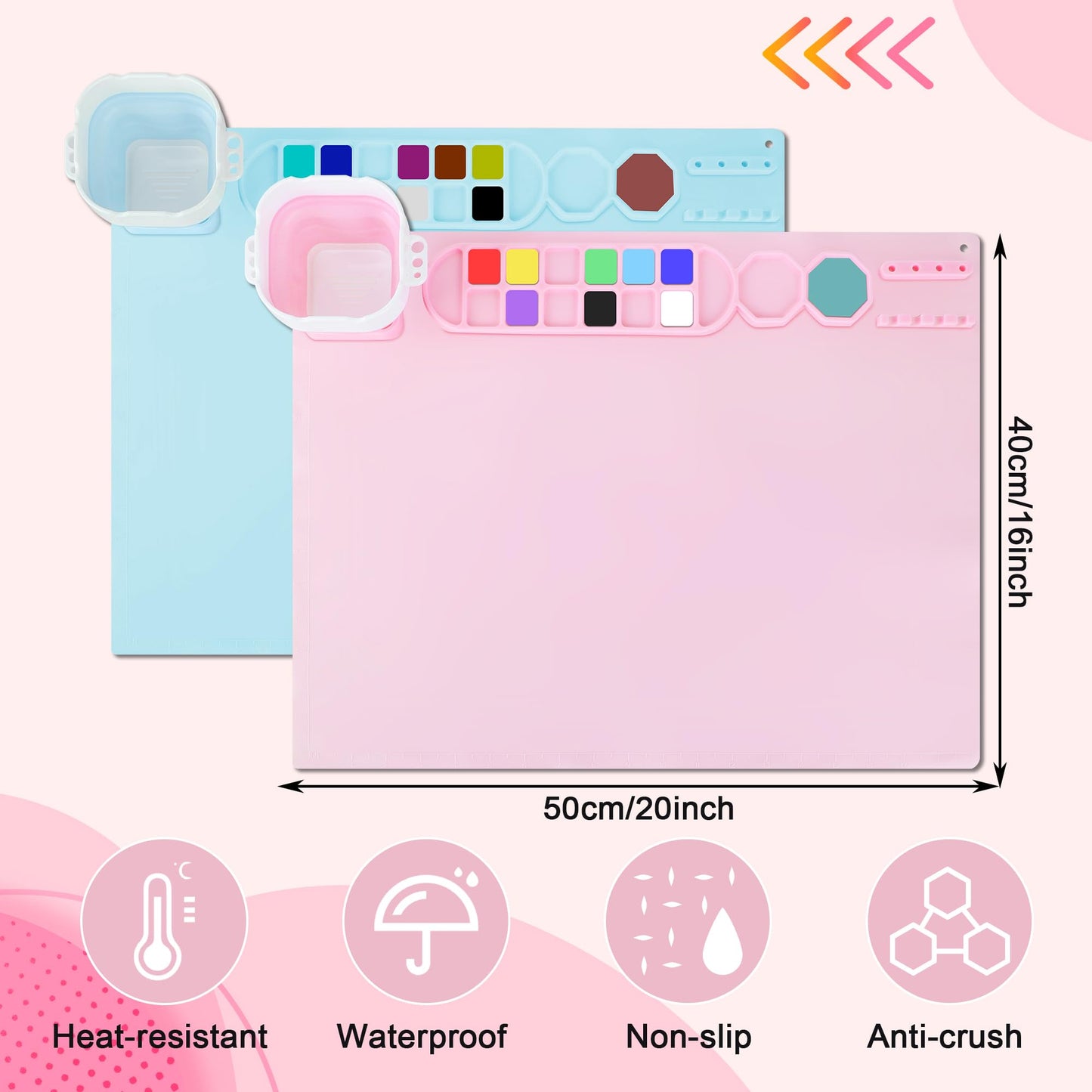 MEKOTRIN 2PCS Silicone Painting Mat, 20"X16" Art Mat with Cup and Palettes, Silicone Craft Mat has 16 Color Dividers, Paint Mat for Artist Clay DIY Creations(Pink+Blue)