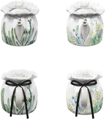 Kettle Cover Teapot Cozy, Insulated Breakfast Pot Cover, 2Pcs Set with Elastic Band for Household, Cactus and Purple