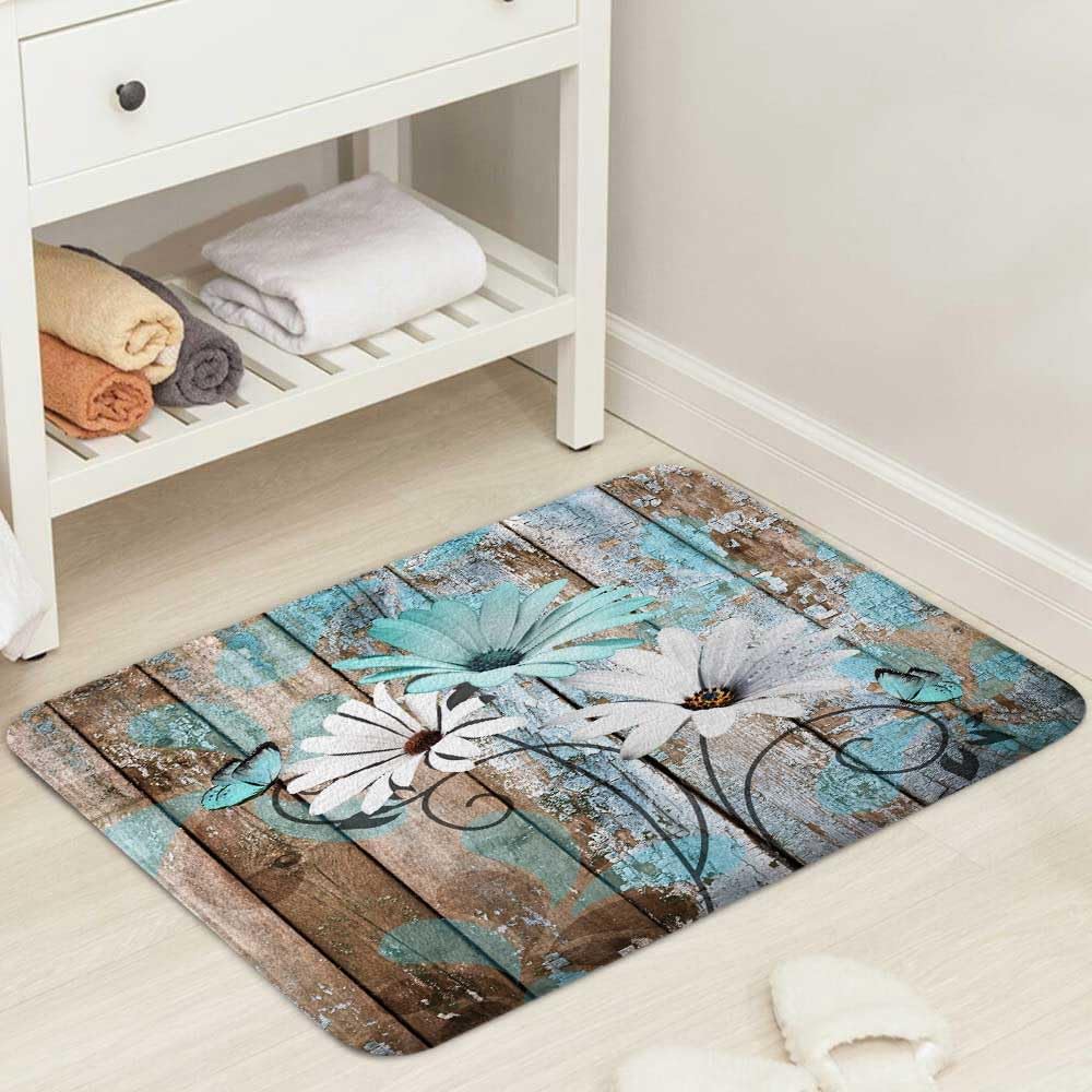 Farmhouse Floral Flower Bath Mat, Teal Daisy Rustic Wooden Plank Non-Slip Soft Doormat for Indoor Outdoor