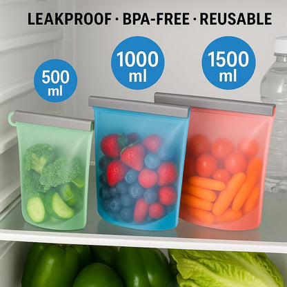 Reusable Silicone Food Storage Bags: Leak-Reistent Stand-up Pouches for Meal Prep, Sandwiches, Snacks, Baby Food, 3 Pack (500ml, 1000ml, 1500ml). BPA-Free, Freezer and Dishwasher Safe, Eco-Friendly