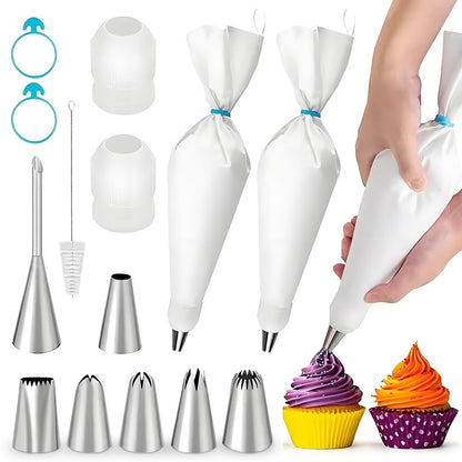 IOGOG Piping Bags and Tips Set – 2 Reusable Piping Bags, 7 Piping Tips, Couplers & Cleaning Brush, Heavy-Duty Leak-Proof Cake Decorating Kit for Beginners & Professional Bakers (14pcs)