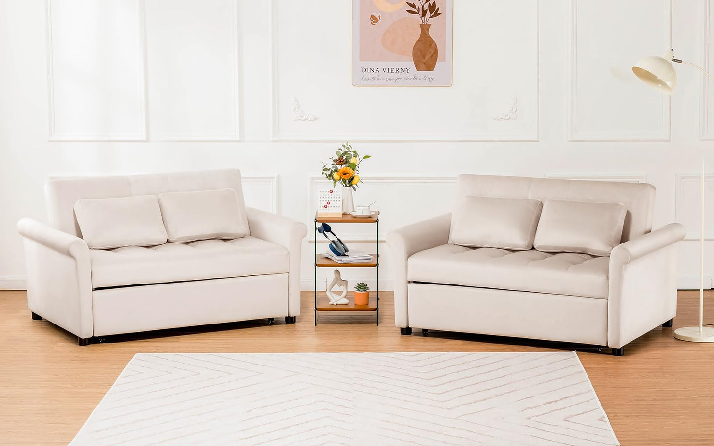 COMHOMA Convertible Sofa Bed,55" Sleeper Sofa Bed,3-in-1 Pull Out Couch Bed with Reclining Backrest and Pillows,Convertible Sleeper Loveseat for Living Room(White)