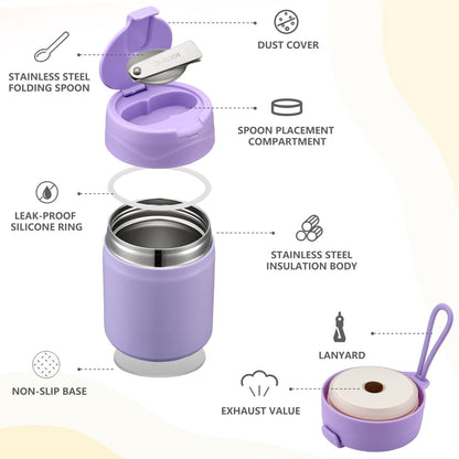 Pawtong 17oz Soup Thermo for Hot Food Kids Insulated Vacuum Food Jar with Stainless Steel Spoon Wide Mouth Thermo Leakproof Lunch Food Container Kids Hot Lunch Box (Purple)