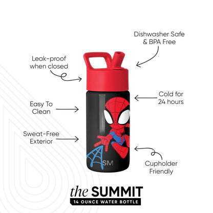 Simple Modern Kids Summit Water Bottle with Straw Lid | Marvel Spider Man 14oz Stainless Steel Cup Insulated Tumbler for Toddlers, Boys, School | Spidey Kid